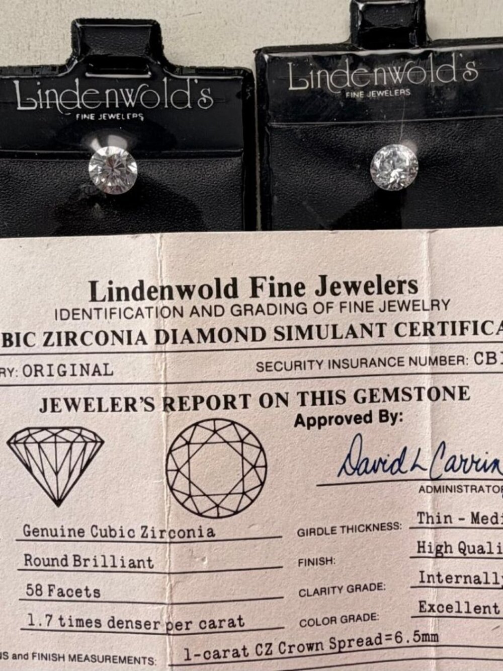 Lindenwold Fine Jewelers PAIR of 1-Carat each Cubic Zirconia Round Diamonds